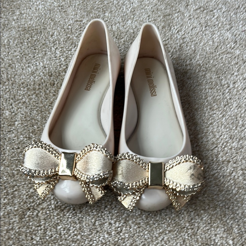 Mini Melissa Cream and Gold Flats with Decorative Bow size 11